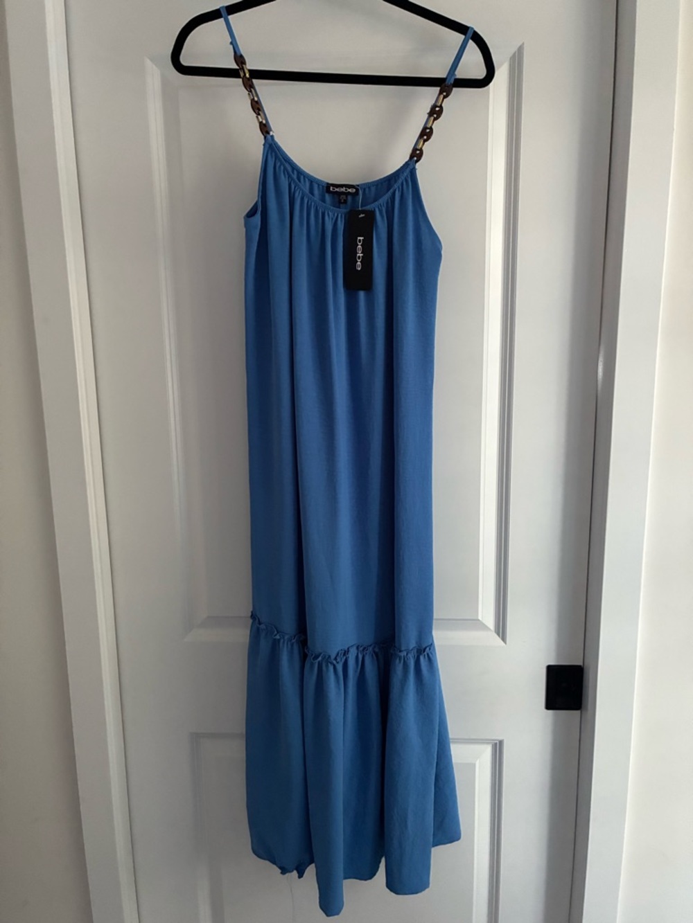 bebe Sky Blue Chain-Accent Spaghetti-Strap Maxi Dress